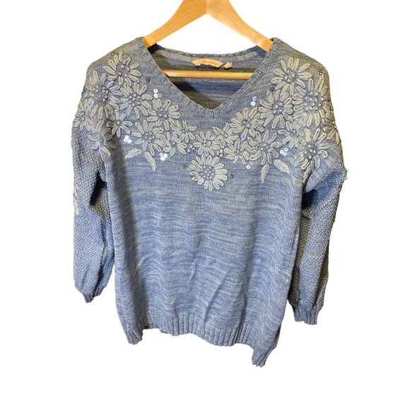 Soft Surroundings Blue Embellished Palenque Knit Sweater Sz L - Picture 1 of 8